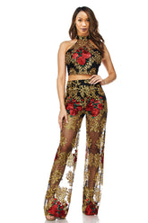 Top &  pants  red & gold set